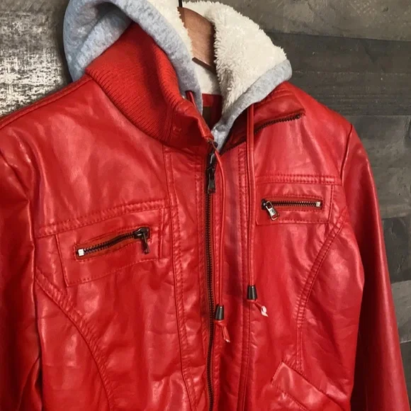 Fun Red BB Winter Jacket with Gray Sweatshirt Hood - Picture 2 of 8